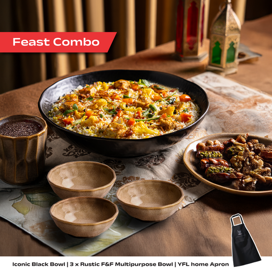 FEAST COMBO - Black Bowl + Rustic Set of 3 Multipurpose Bowl + Apron