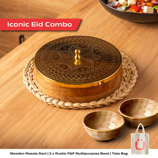 ICONIC EID COMBO - Wooden Masala Dani + Rustic Multipurpose Bowl Set of 2 + Tote Bag